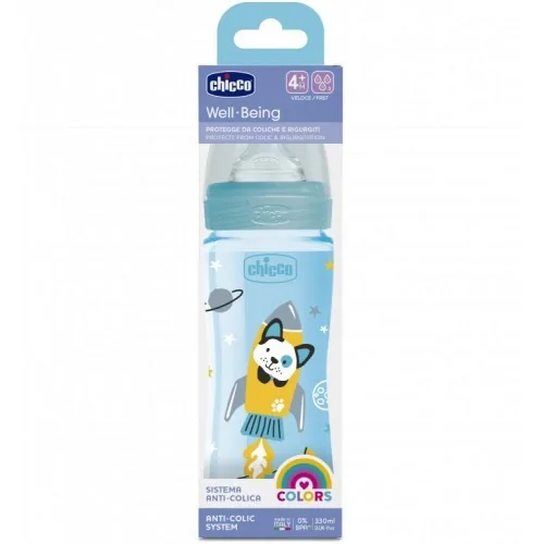 Chicco Biberon Well-Being 4M+ – Tétine silicone Bleu 330ml